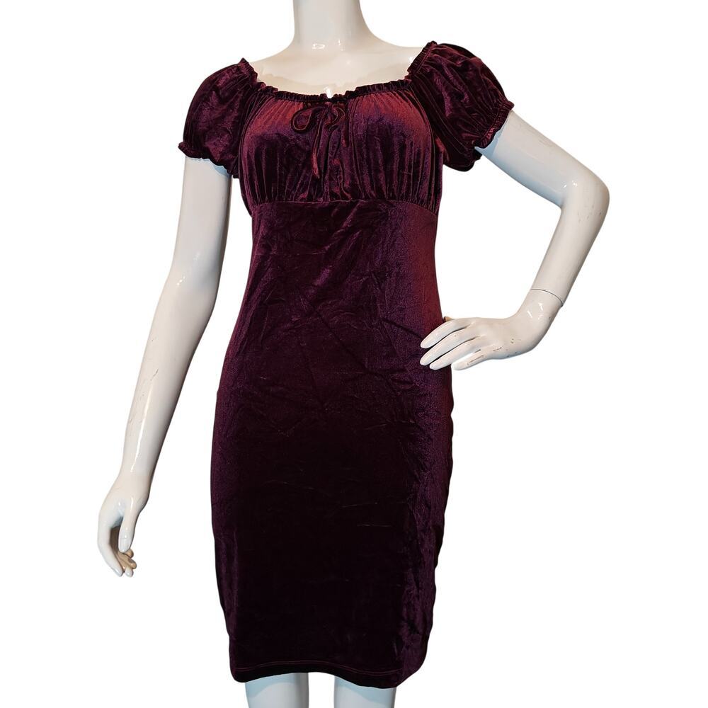 No Comment Burgundy Velvet Dress Puff Sleeve Empire Waist Mini Romantic